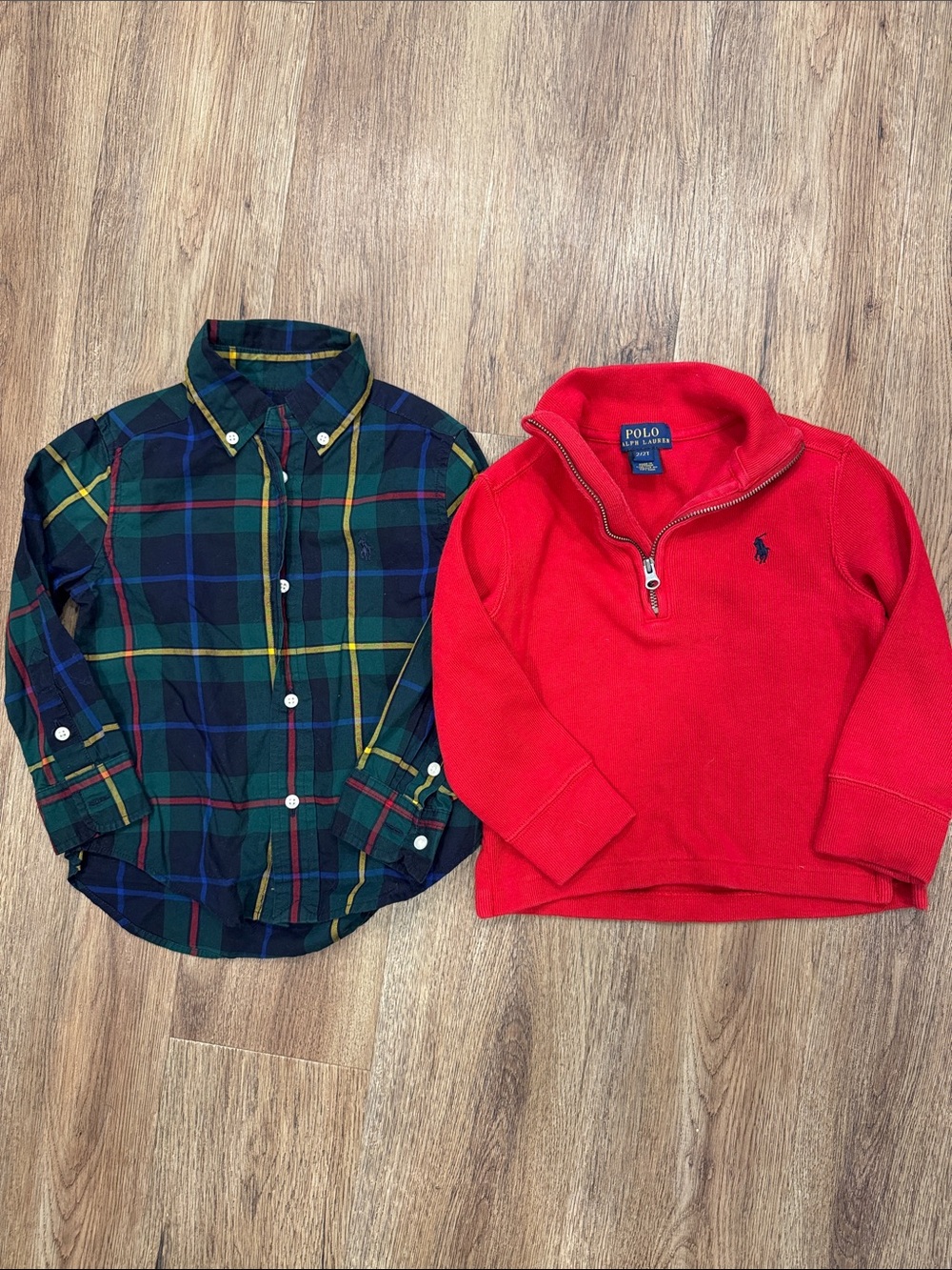 Bundle of Ralph Lauren Red Quarter-Zip Pullover & Plaid Button-Down Size 2T